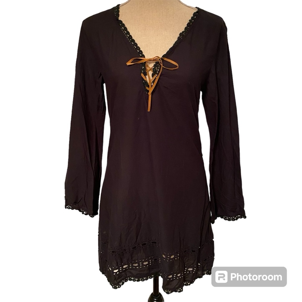 BAG LADY By MUD PIE SWIM COVERUP BLACK LONG SLEEVE V-NECK SIZE S